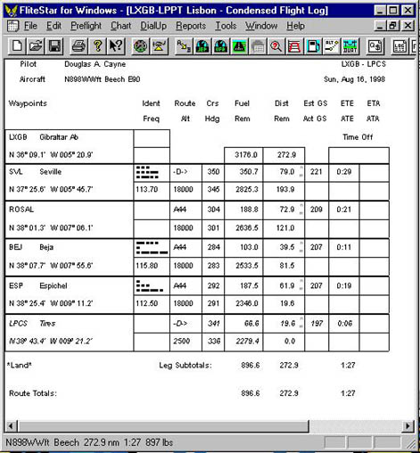 "A copy of the nav log FliteStar prints for 